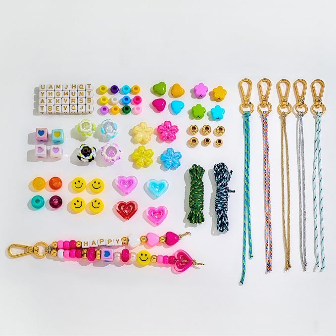 421PCS Beaded Keychain Making Kit for Women Acrylic Heart Star Flower Letter Alphabet Beads DIY Key Chain Charm Accessoriess