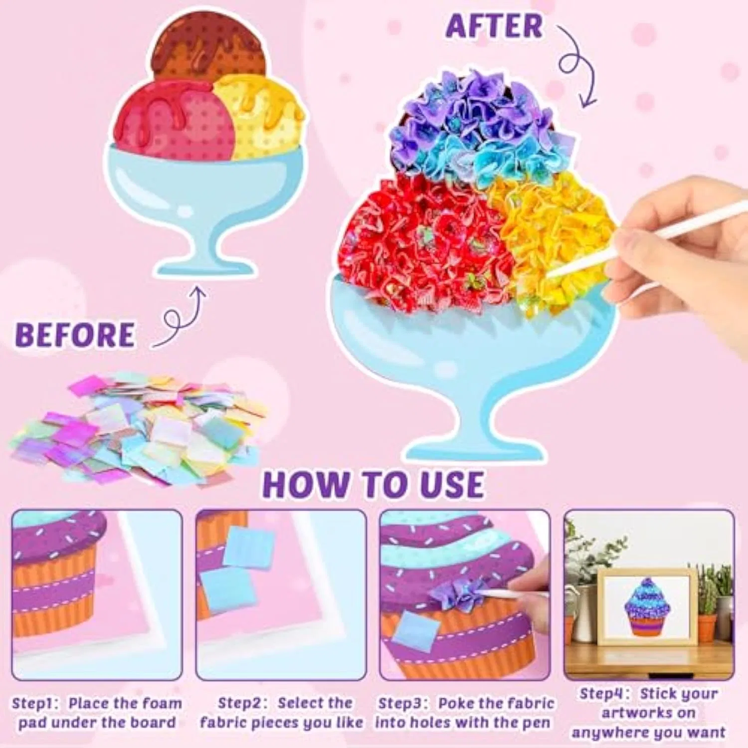 Poke-in Art Kit for Kid Dessert Cake Theme No-Mess Fabric Sewing Art