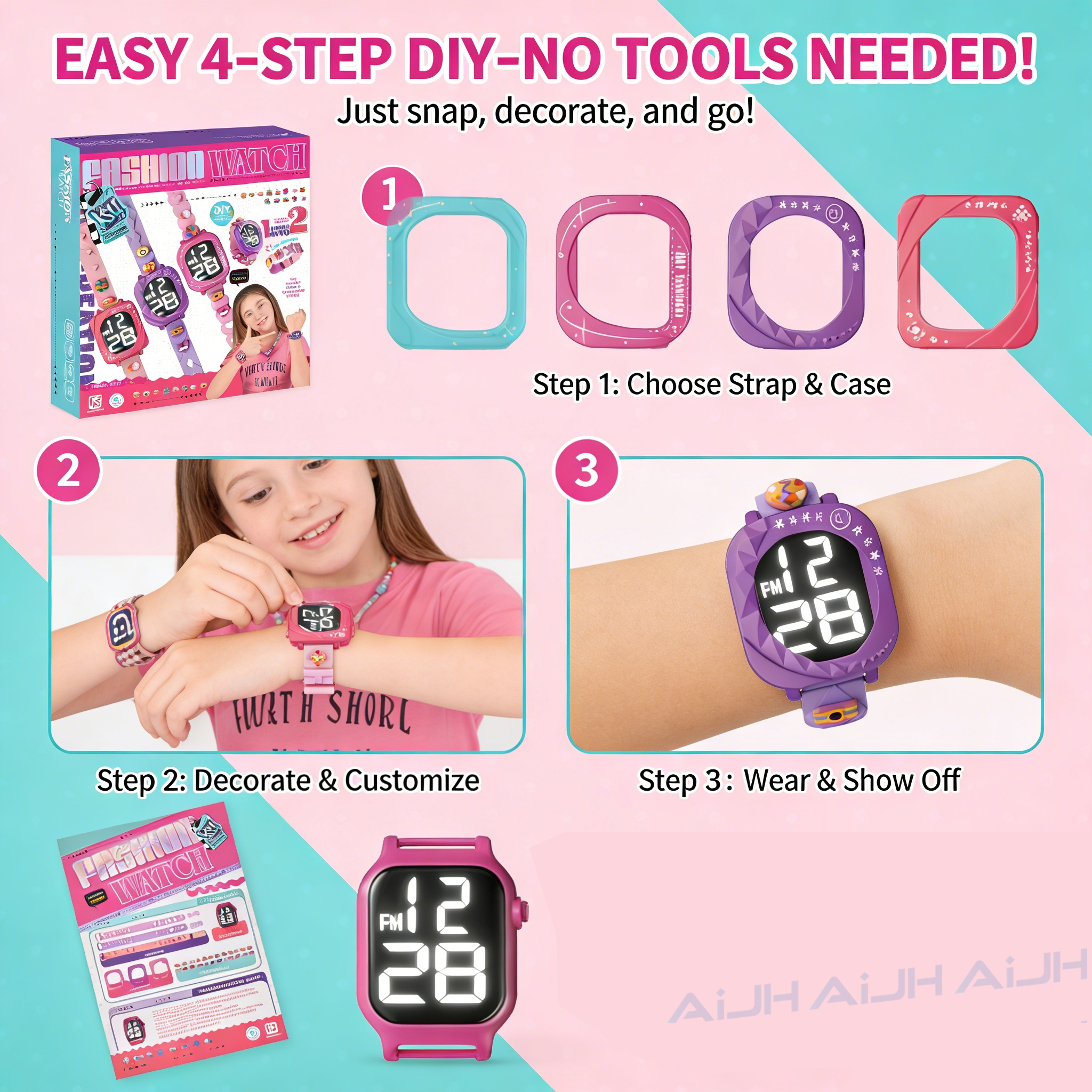 AiJH Creative Watch Craft Kit Fashion Watch DIY Set With Colorful Charms Adjustable Straps Activity Wholesale Jewelry Kids Toys