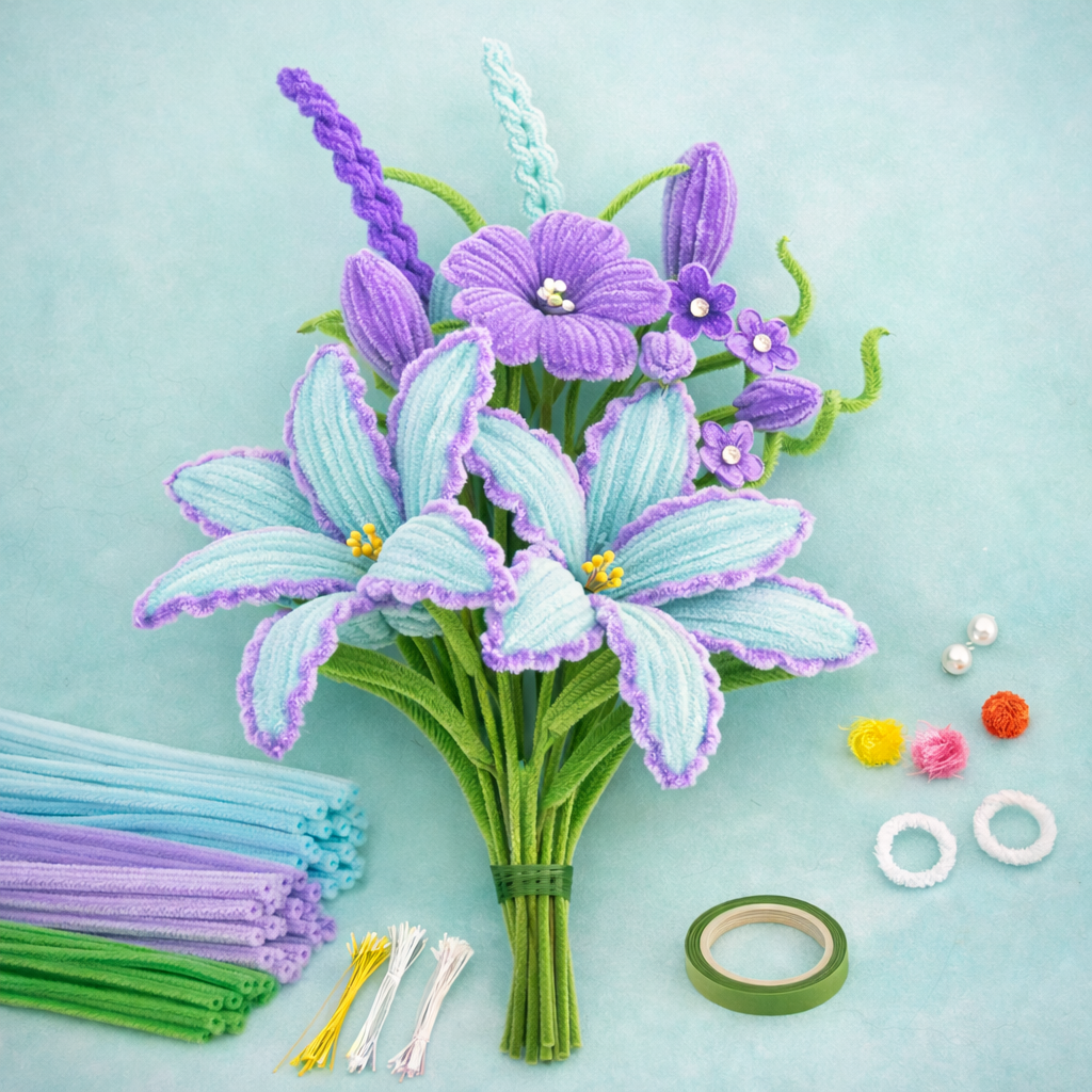 Wholesale DIY Colorful Chenille Stems Fower Material Kit Density Pipe Cleaners Flower Bouquet for Kids DIY Crafts
