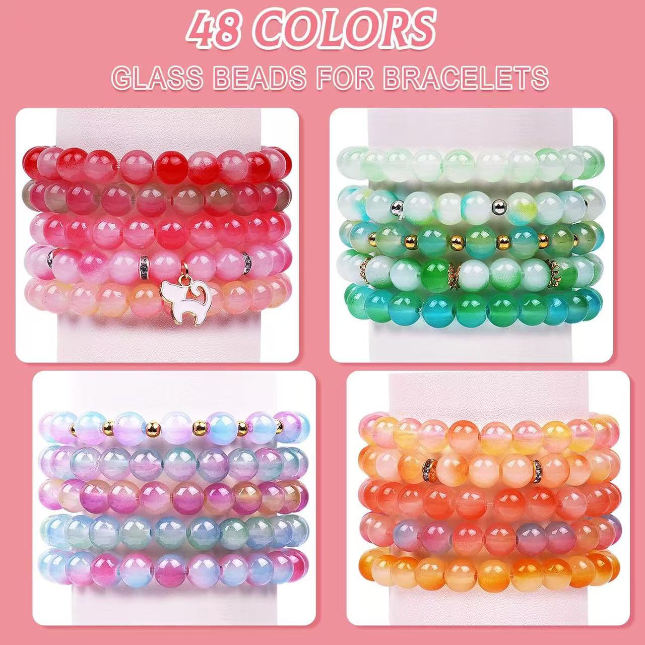 1700 Pieces 8mm 48 Colors Glass Beads Pretty Glitter Glass Beads Kits DIY Bracelets Adults Children's Jewelry Making Toys