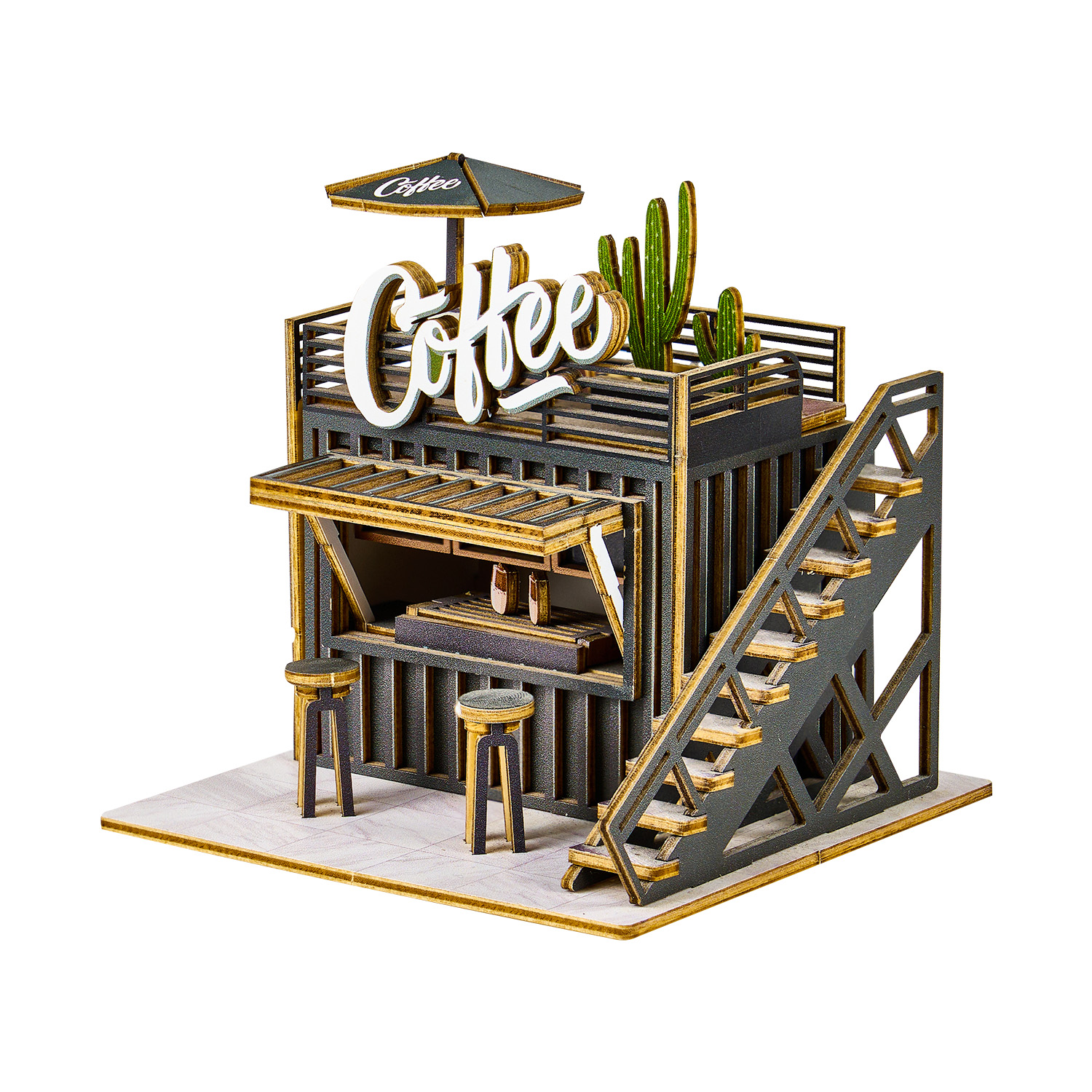 Wincent Factory UV Print Wood Mini Coffee Shop Models DIY Miniature Doll House Building Model Kits Sets