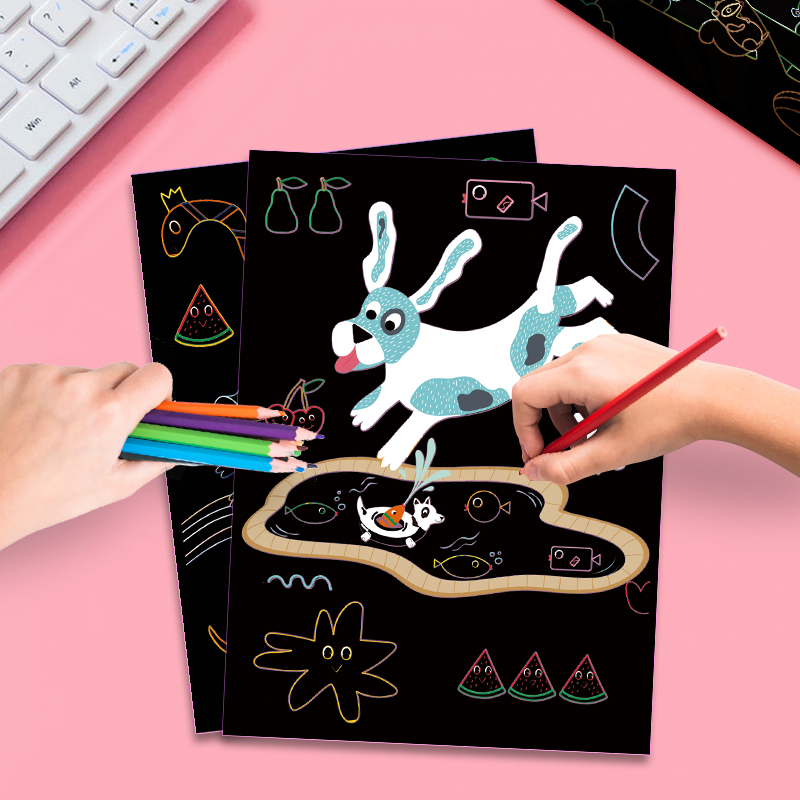 Zolland 9-Piece Black Scratch Art Paper Set Rainbow Magic Kids Craft Kit With Wooden Stylus for Drawing Toys and Education