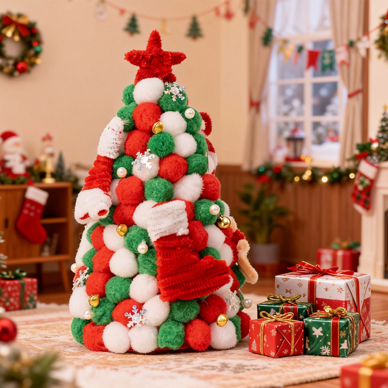 DIY Pompom Twist Stick Light-Up Christmas Tree Decoration Kit