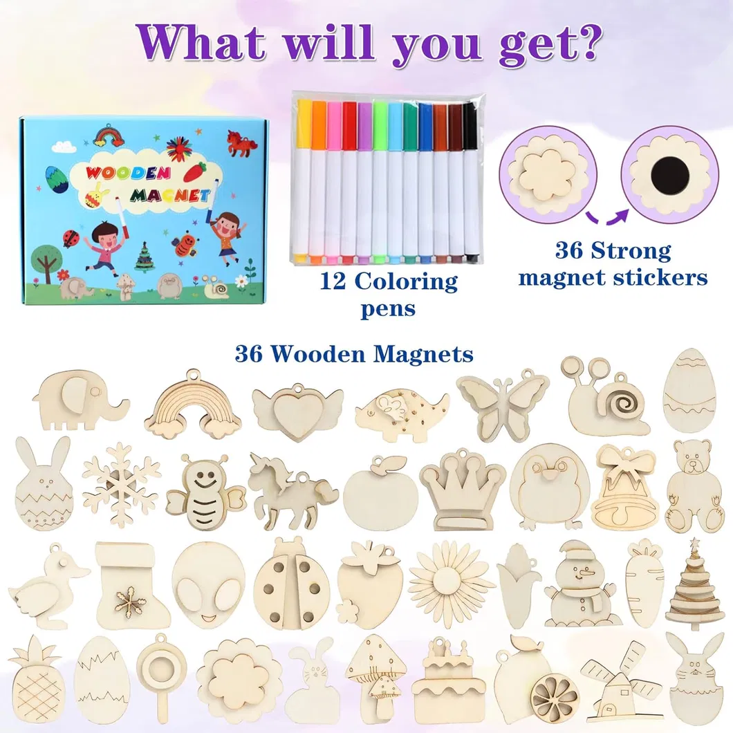 DIY Wooden Magnets, 36 PCS Wooden Art Craft Supplies Painting Kit for Party Favors for Boys