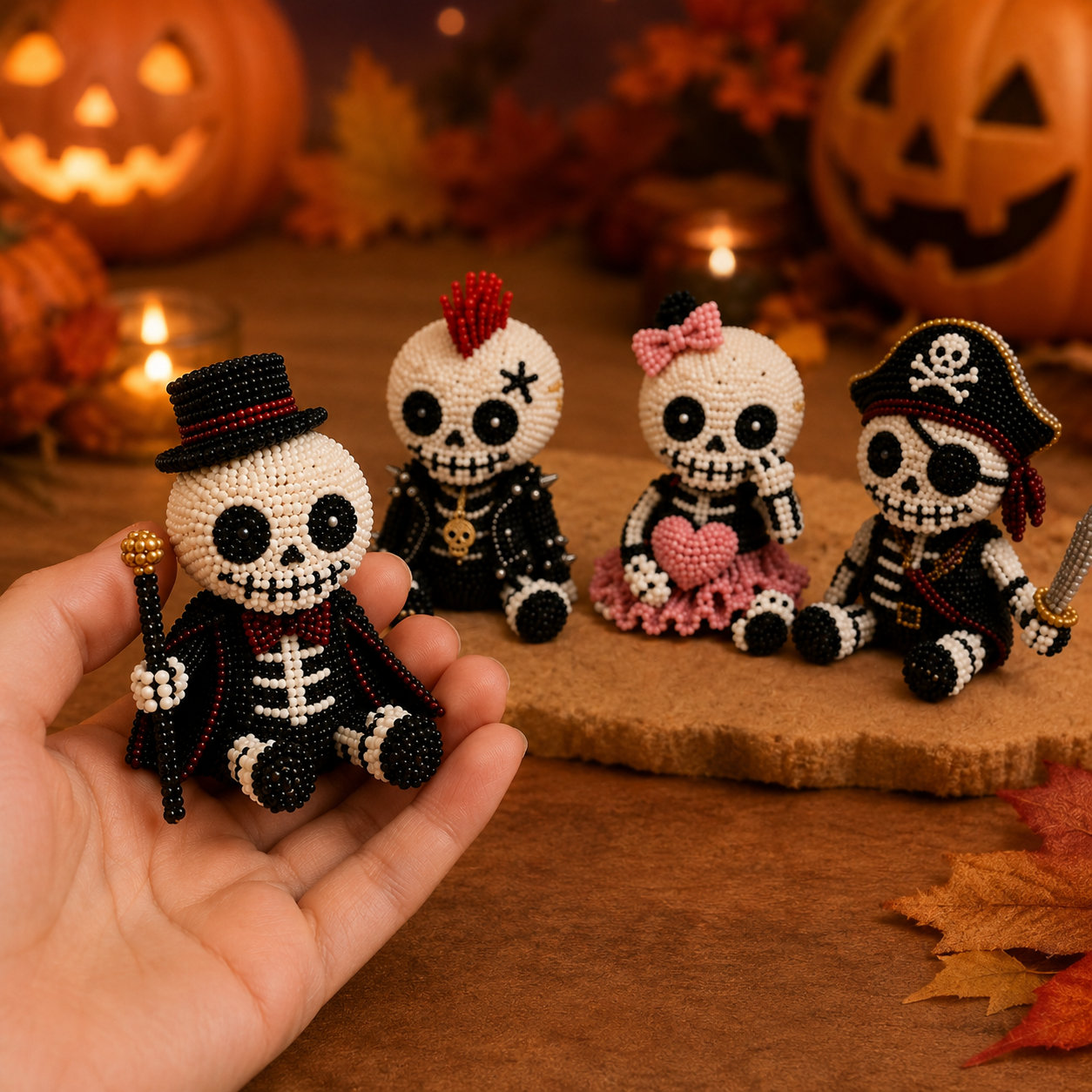 Halloween Bead Art DIY Kit 4-Piece Cute Character Craft Set for Holiday Decoration
