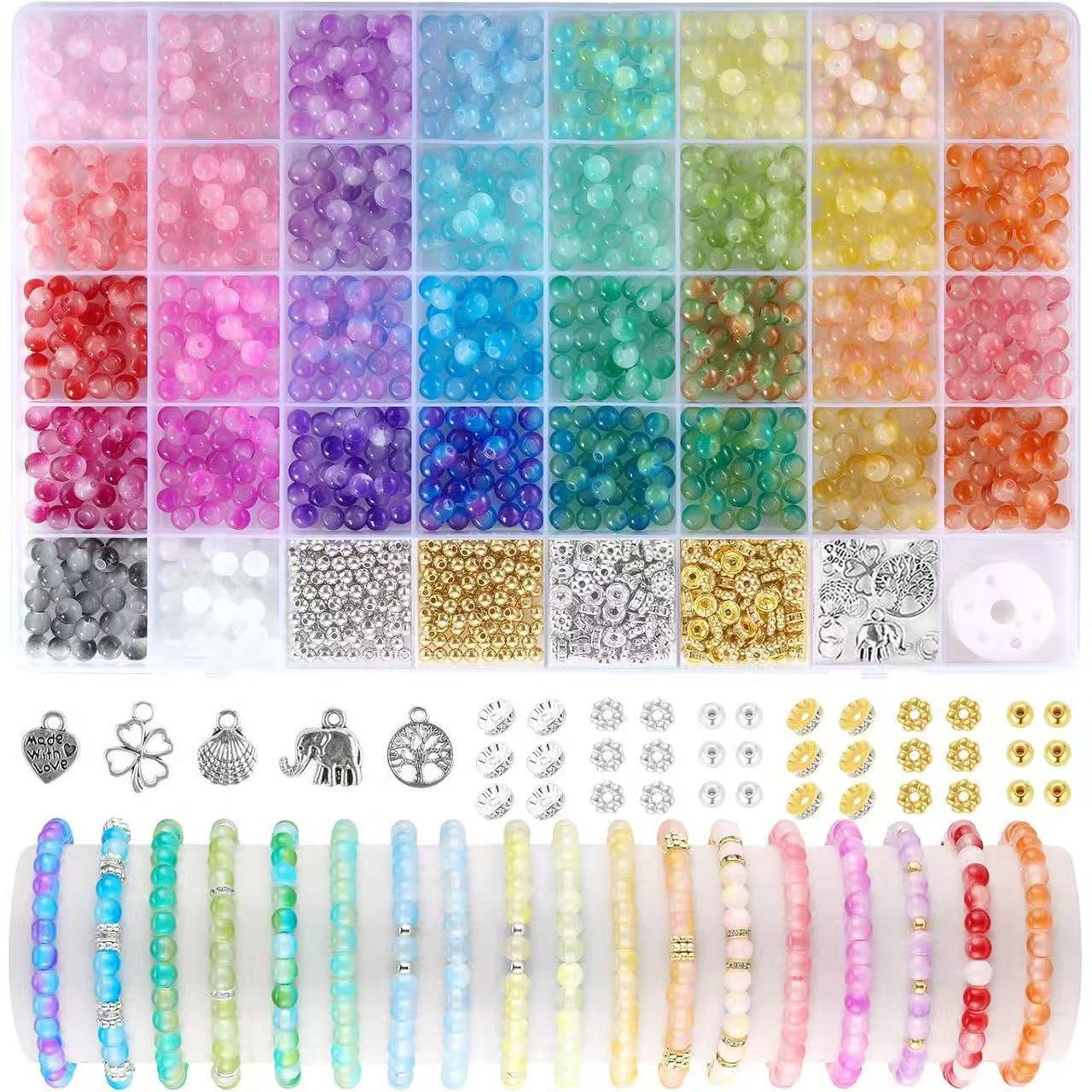 6mm 40-Grid 1435pcs Glass Bead Bracelet Making Kit, DIY Jewelry Accessories Craft Set