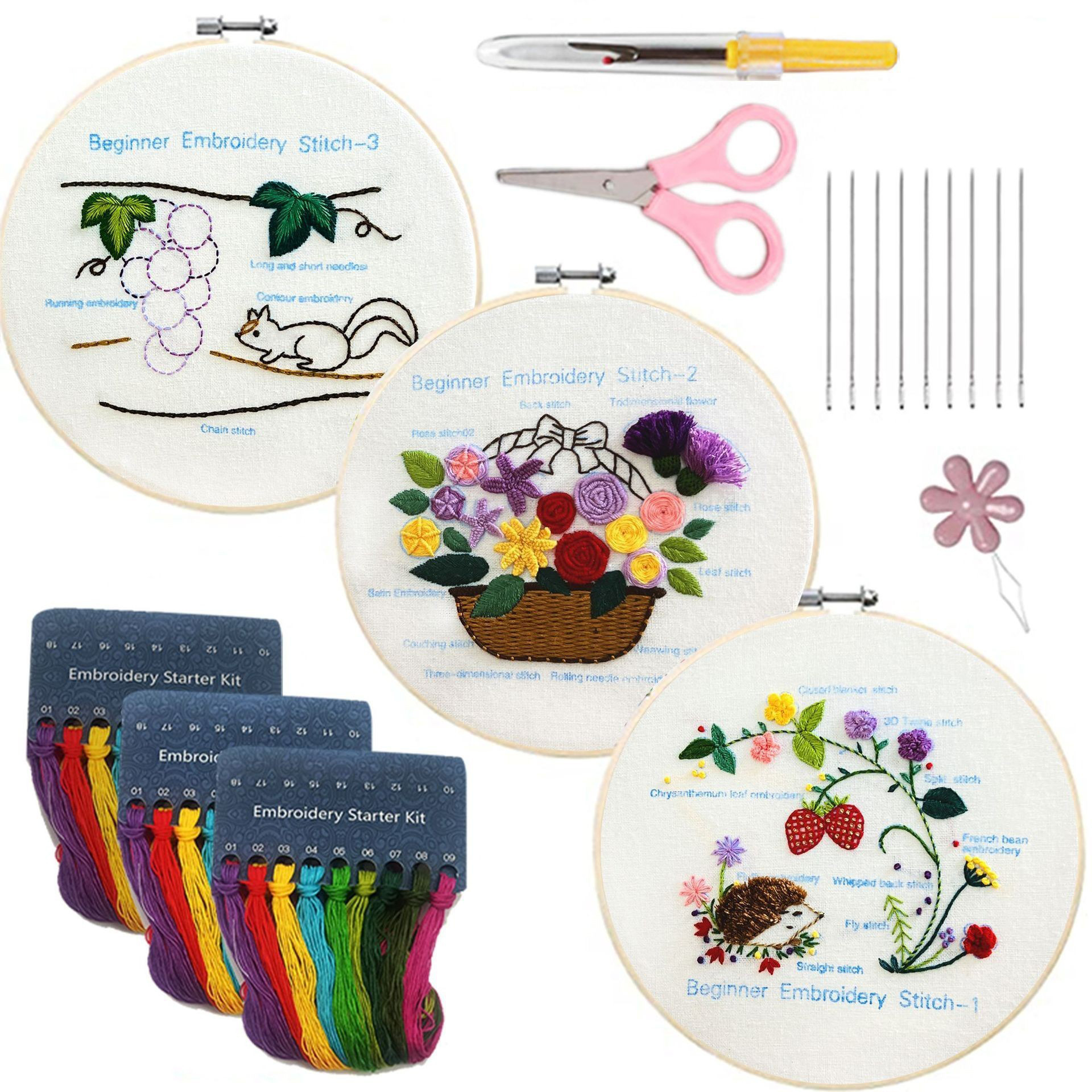 3 Pack Adults DIY Starter Art Craft Kit Basic Easy Punch Needle Embroidery Hoop Kits for Beginner