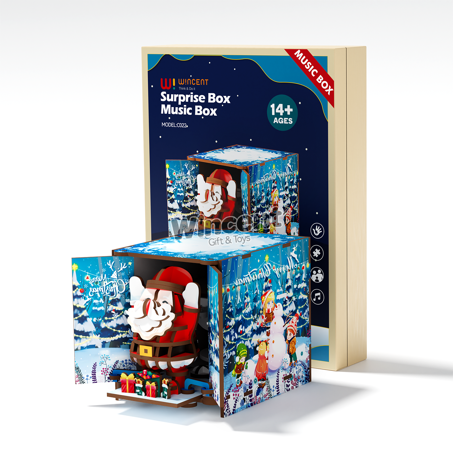 Wincent Christmas Santa Claus 3D Wooden Puzzle Music Box DIY Model Kit Assembly Toy Kids Adult Xmas Gift Home Decoration