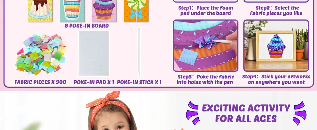 Poke-in Art Kit for Kid Dessert Cake Theme No-Mess Fabric Sewing Art