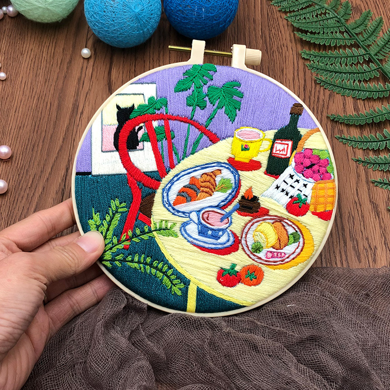 Handmade Embroidered Punch Needle Kit Custom Colorful Round Embroidery Kit Bulk Sale Flower Handcrafted DIY Embroidery Kit Set