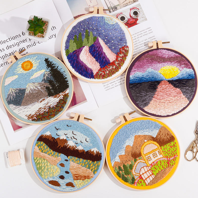 Landscape Scenery Diy Handy Sewing Art Craft Embroidery Kit for Beginners with Pattern Hoops Instructions