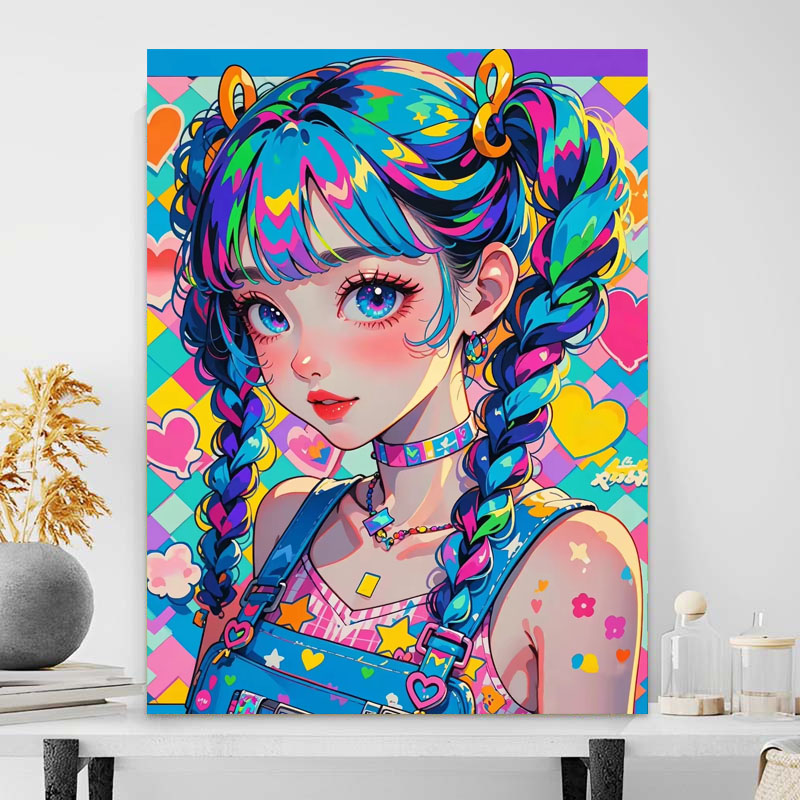5D DIY Diamond Painting Kit Anime Girl Full Drill Neon Rainbow Hair Cartoon Girl Diamond Art DIY Mosaic Painting for Home Decor