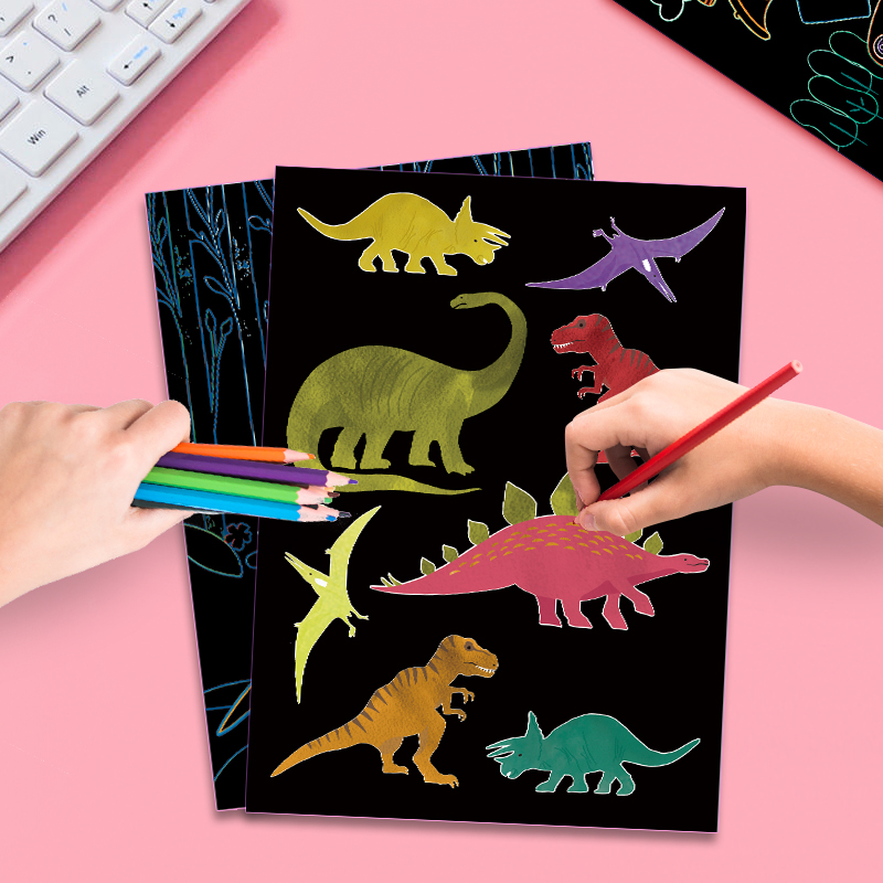 Wholesale Kids Painting DIY Paper Craft 9 Pcs Dinosaur Theme Magic Scratch Paper Art Set Rainbow Magic Scratch Card