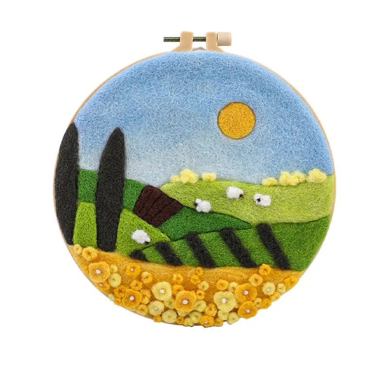DIY Wool Needle Felt Painting Embroidery Kit Farm Pattern Canvas Support Base for Beginners