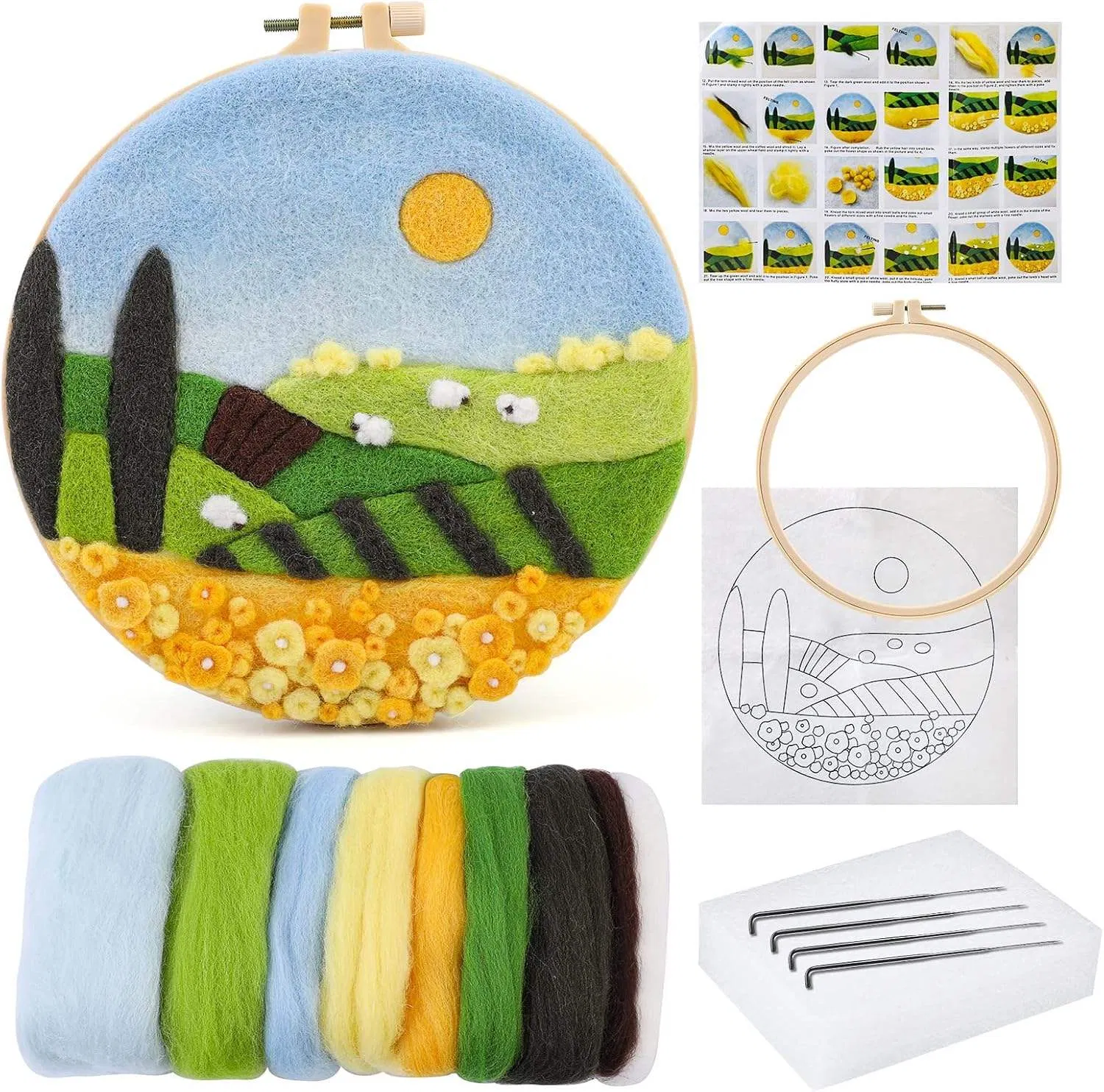 DIY Wool Needle Felt Painting Embroidery Kit Farm Pattern Canvas Support Base for Beginners