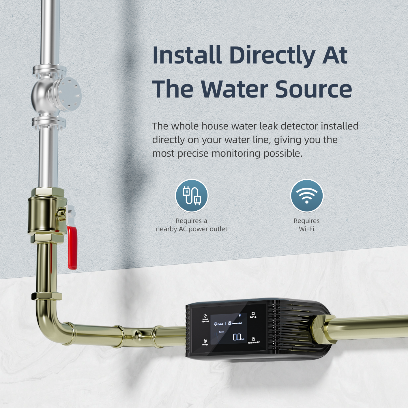 New Design CE WiFi Smart Water Monitor Water Flow Rate Display Water Leak Detection