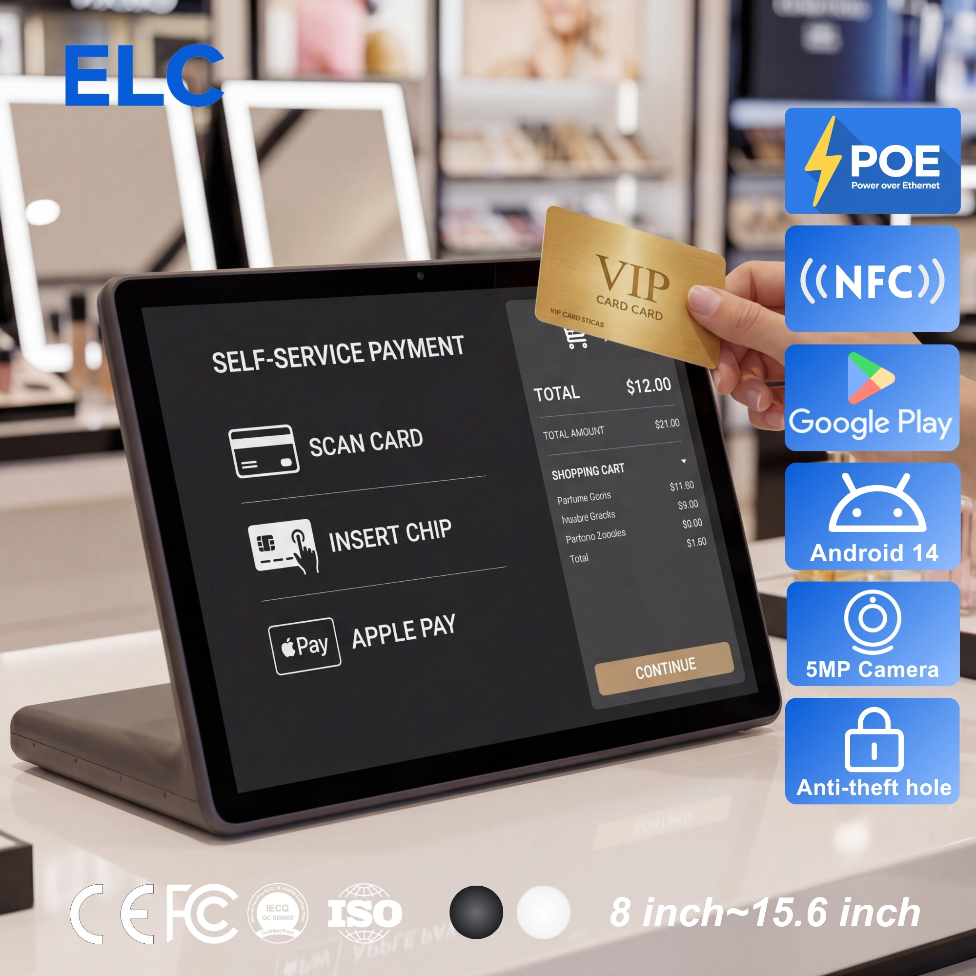 Self-Service Check-out 11" L-Type Android Kiosk With NFC RFID Reader PoE For Self-service Payment &amp; Loyalty Program
