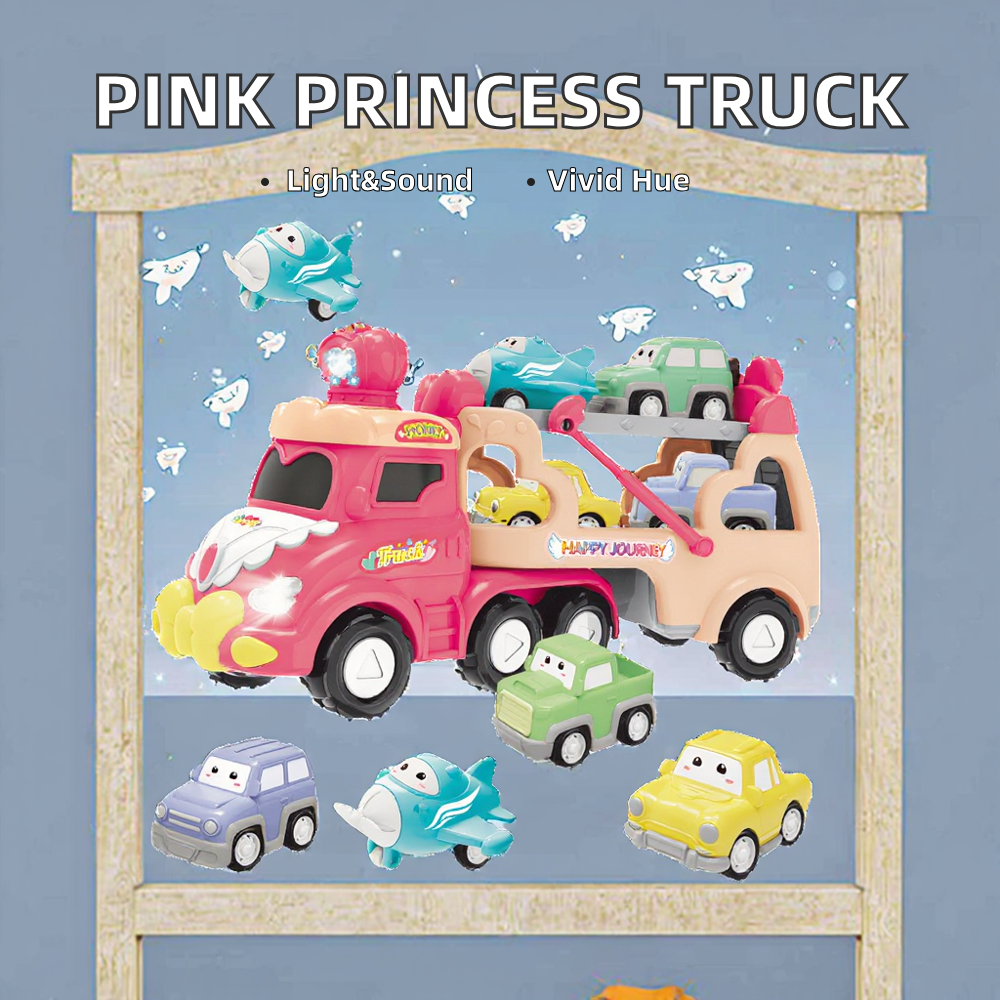 Hot 5-in-1 Pink Princess Transport Car Carrier Truck Toddler Cartoon Toys Freewheel Vehicle Lights Music Plastic Unisex