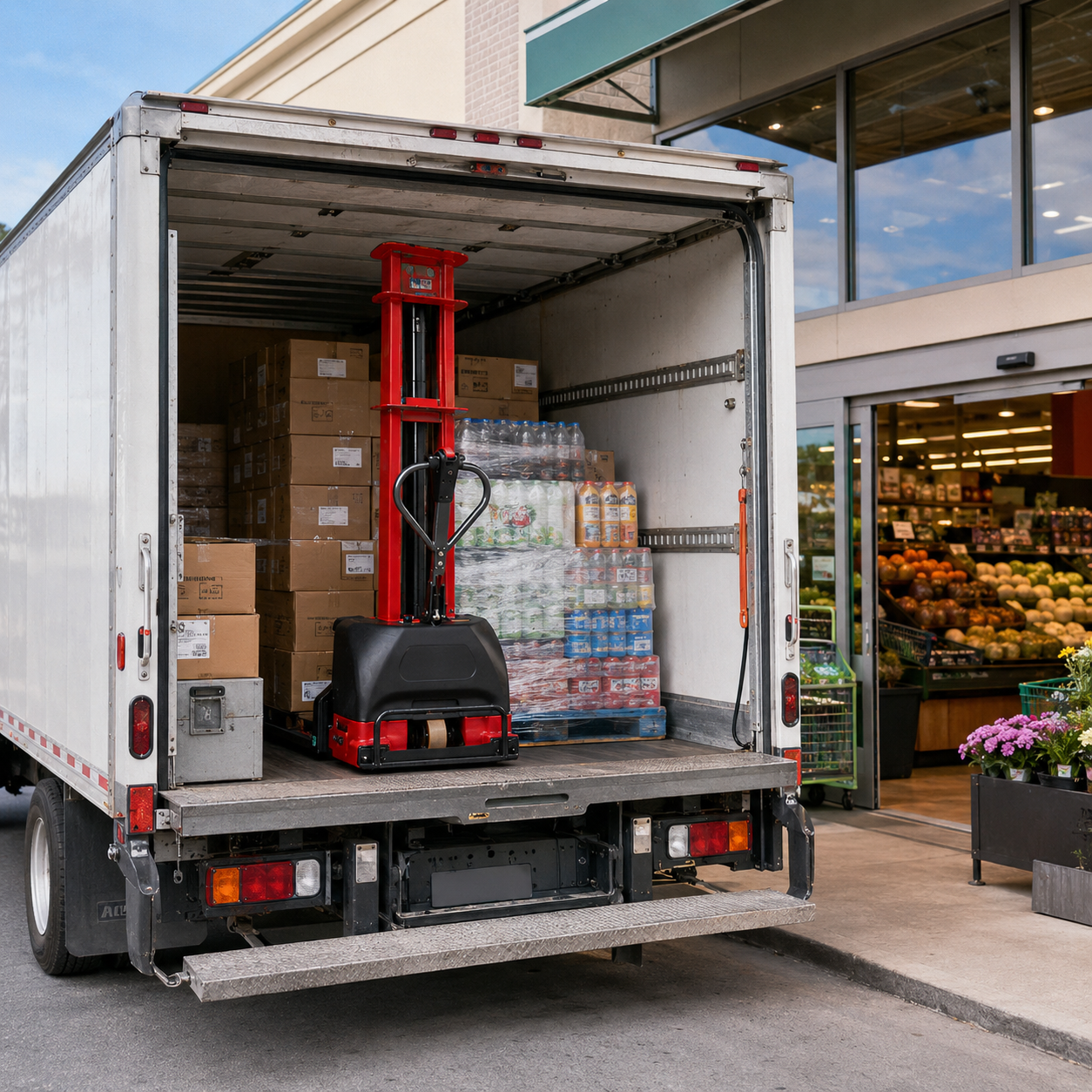 OEM Supply 500kg 1.3m Self Loading Walkie Stacker Lightweight Portable Pallet Lift For Van Delivery Easy 4 Steps Lift System