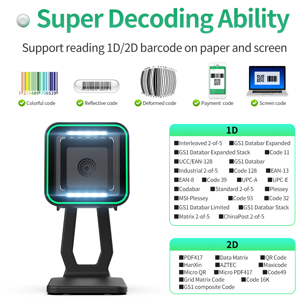 Xincode QR Omnidirectional Desktop Barcode Scanner USB 1D And 2D Scan Price Bar Code Reader Pos Scanners For Supermarket Shop