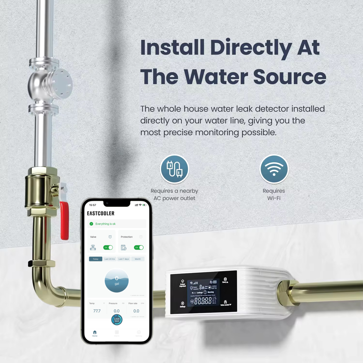 Smart WiFi Water Flow Monitor 0.01-18GPM Pressure Temperature Auto Shutoff Water Leak Detector
