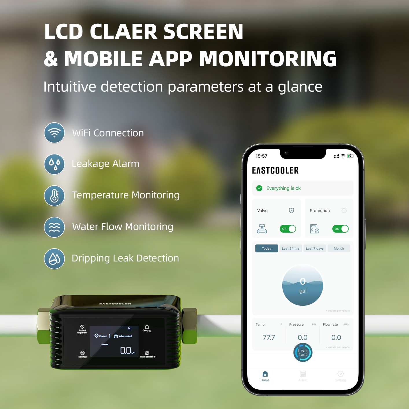 New Design CE WiFi Smart Water Monitor Water Flow Rate Display Water Leak Detection
