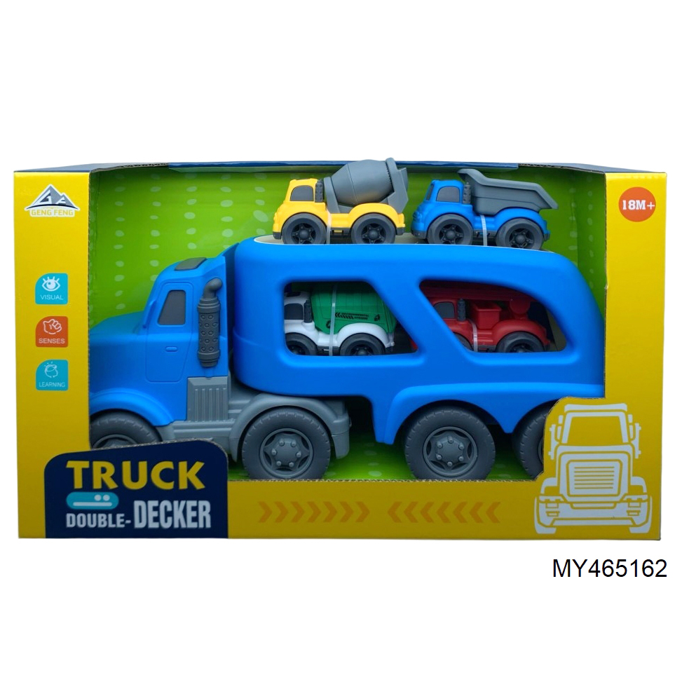 Kids Plastic Friction Toy Cartoon Transport Truck Vehicles Friction Carrier Including 4 Cars