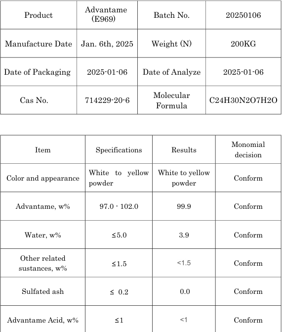 Atacado em grande quantidade de Advantame, adoçante de alta intensidade - alternativa ao açúcar sem calorias para produtos farmacêuticos, confeitaria e cuidados bucais