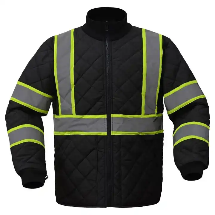 Black Quilted Reflective Safety Work Jacket Breathable Thermal Anti Wrinkle High Visibility Insulated Winter Construction Coat