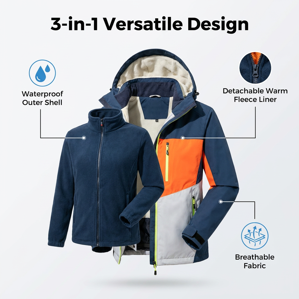 Unisex Color Block Thermal 3-in-1 Parka OEM ODM Custom Fabric &amp; Brand Logo Water Resistant Windproof Outdoor Sports Jacket
