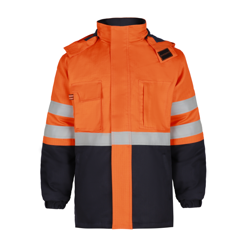 Flame Retardant High Visibility Work Jacket Combining Thermal Insulation and Certified Fire protection for Outdoor Workers