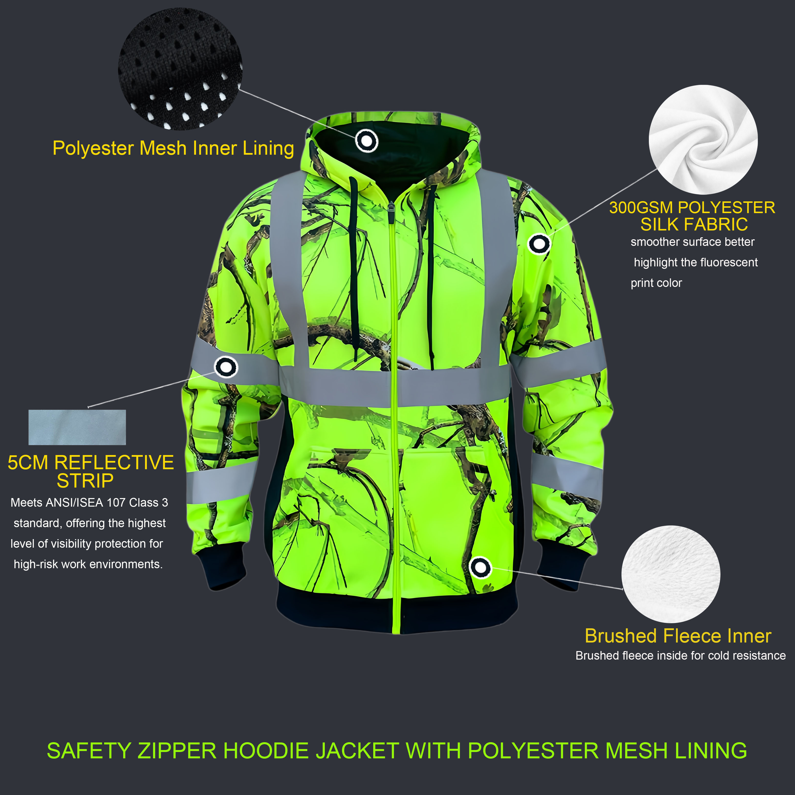 Custom Hi Vis Reflective Zip up Safety Hoodie American Flag Camo High Visibility Workwear Fleeced Jacket