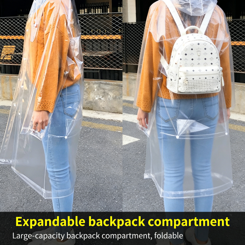 Thickened EVA Transparent Raincoat with Backpack Cover & Double Pockets Adult Hooded Long Rain Coat for Outdoor Events Travel