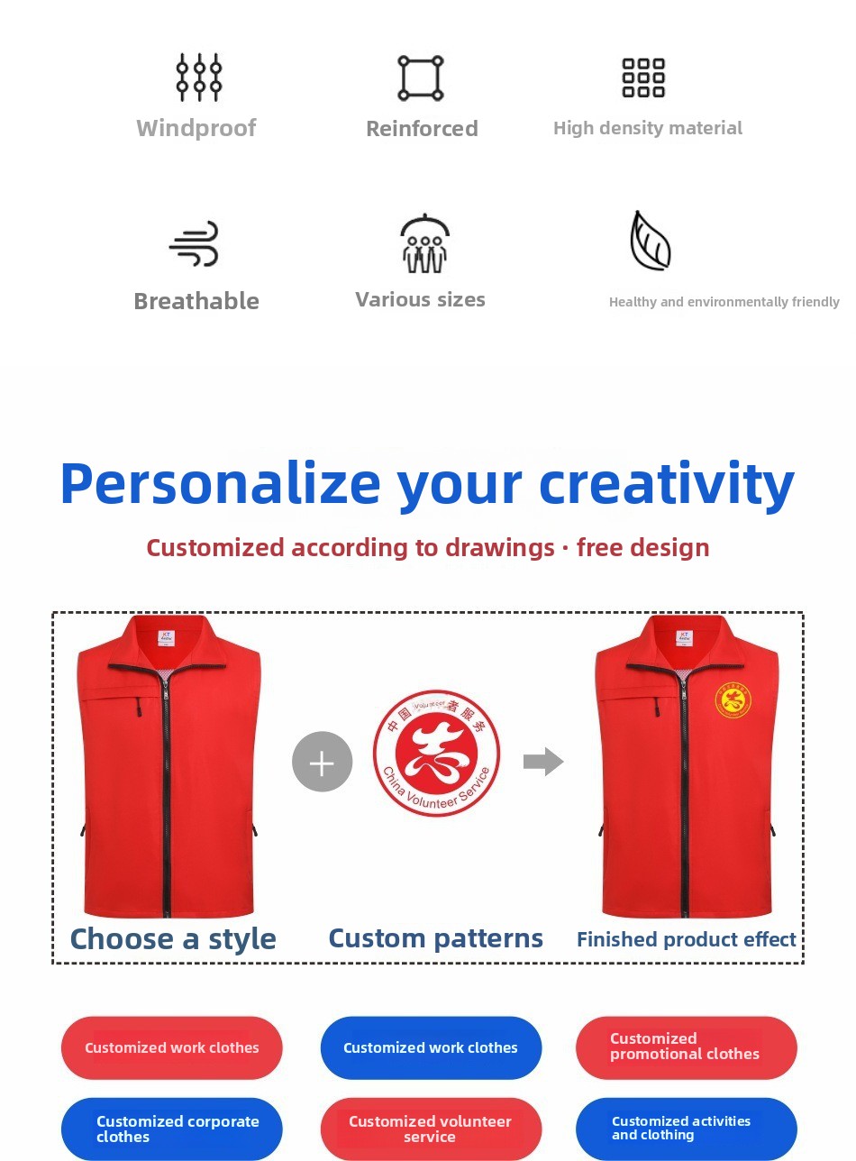 Customized Breathable Windproof Polyester Zipper Pocket Vests Work Coverall for Group Activities with Printed Logos