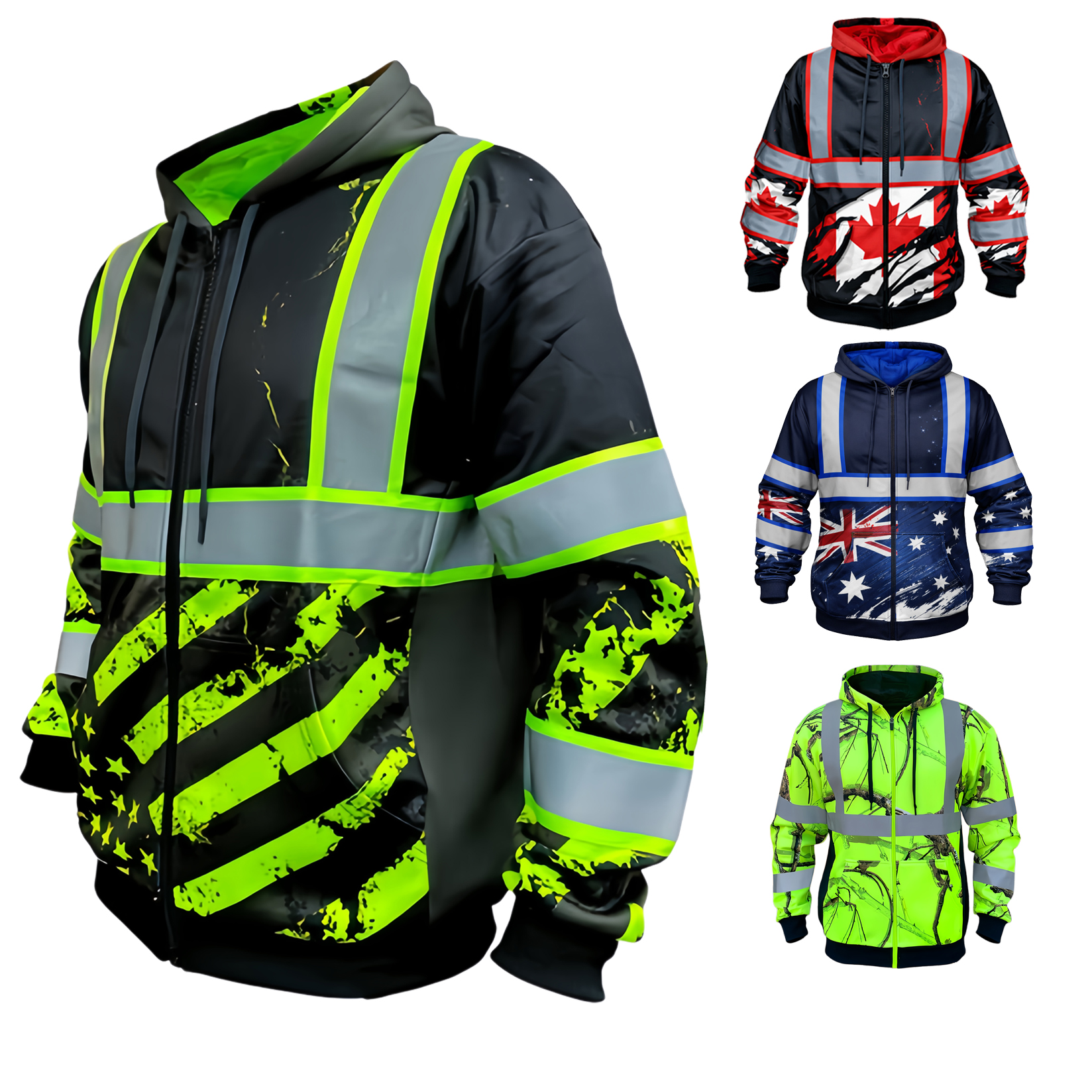 Custom Hi Vis Reflective Zip up Safety Hoodie American Flag Camo High Visibility Workwear Fleeced Jacket