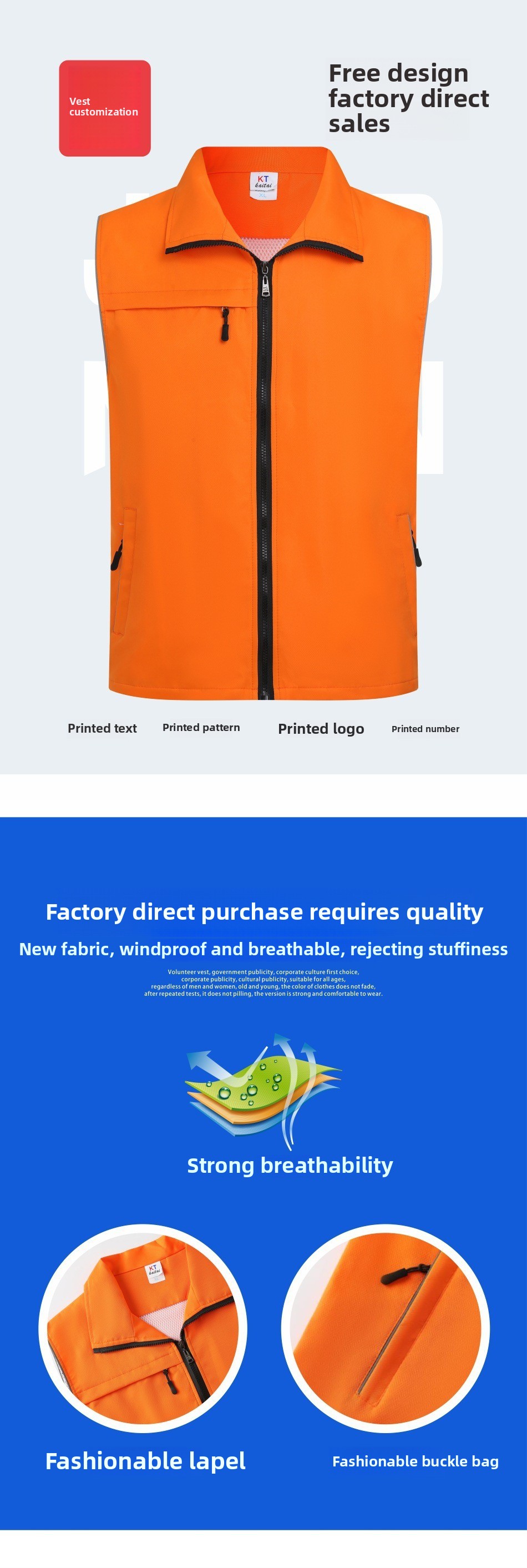Customized Breathable Windproof Polyester Zipper Pocket Vests Work Coverall for Group Activities with Printed Logos