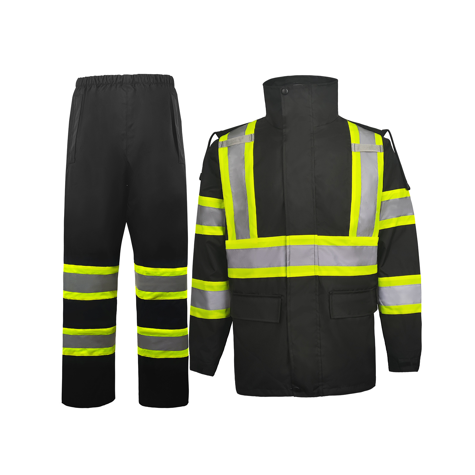 ZUJA Durable Hi Vis Safety Hooded Raincoat 300D Oxford Waterproof Windproof Rain Suit Raining Worker Pants Set with PU Coating