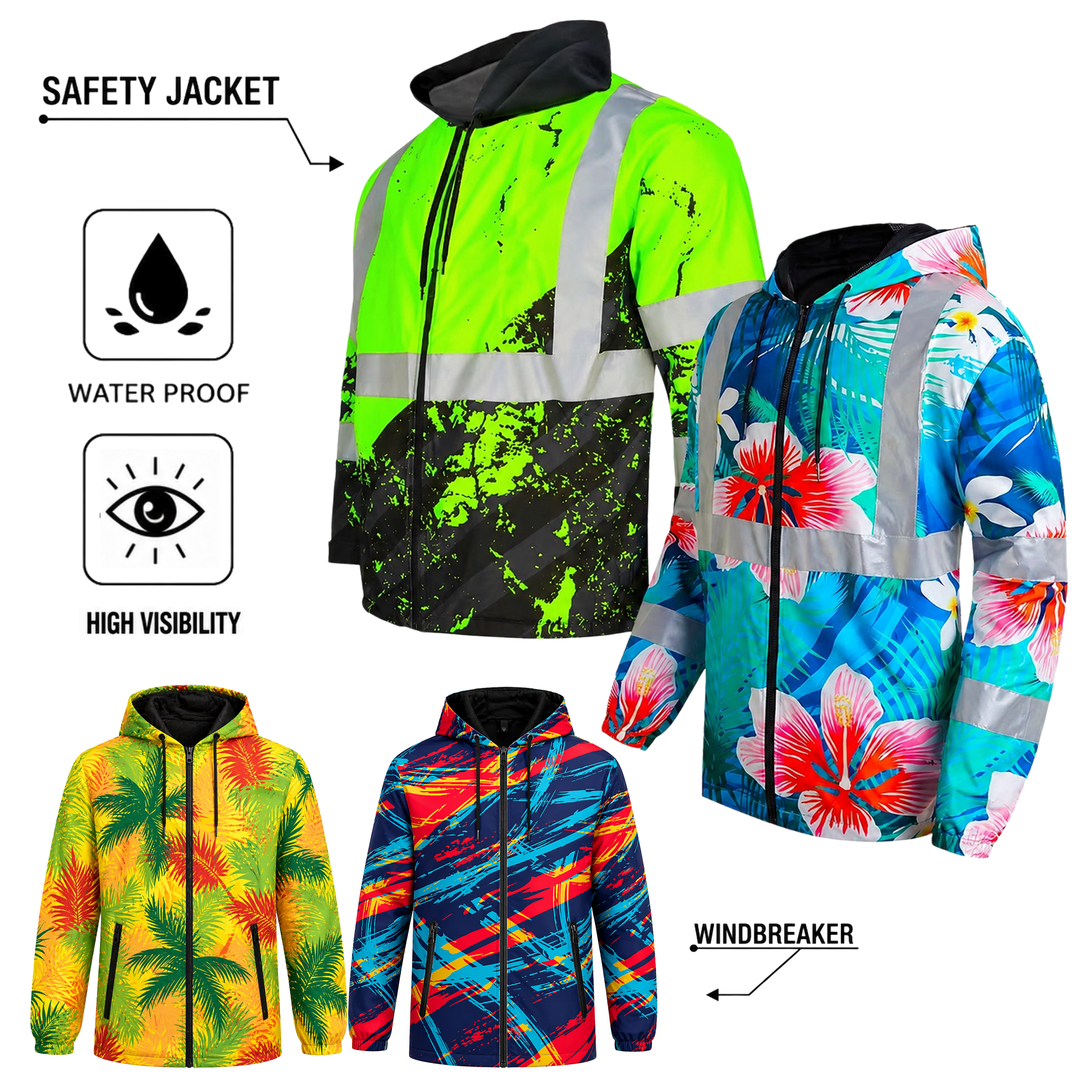 Custom Fluorescent Lightweight Hi Vis Rain Coat Hawaiian High Visibility Safety Jacket Waterproof Reflective Work Windbreaker
