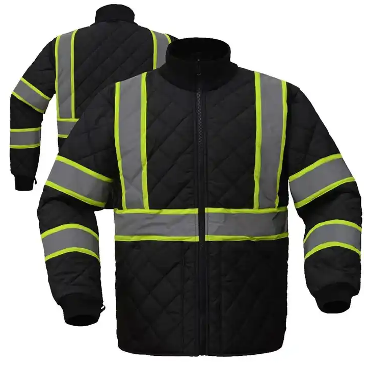 Black Quilted Reflective Safety Work Jacket Breathable Thermal Anti Wrinkle High Visibility Insulated Winter Construction Coat