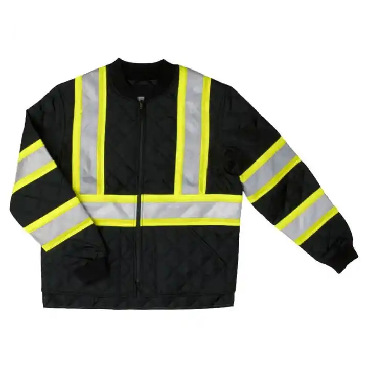 Black Quilted Reflective Safety Work Jacket Breathable Thermal Anti Wrinkle High Visibility Insulated Winter Construction Coat