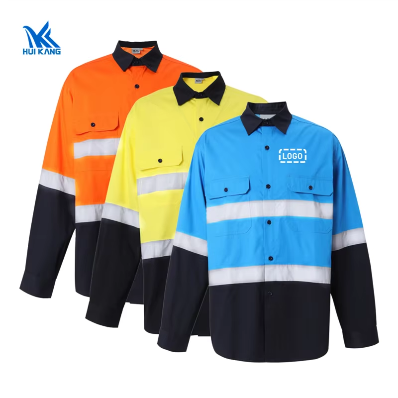 Cotton Construction Mining Uniform Long Sleeve Workwear Custom Logo Reflective Safety Clothes Hi Vis Men Work Shirt with Stripes