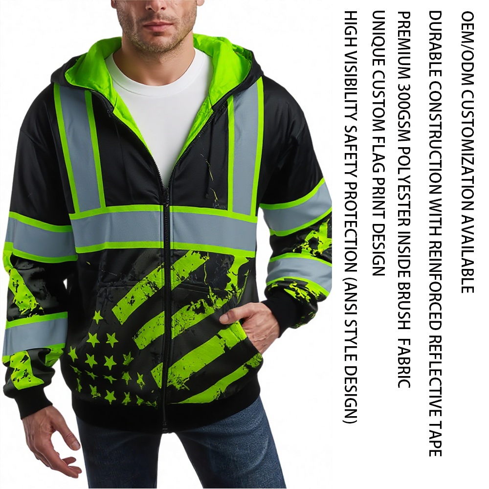 Custom Hi Vis Reflective Zip up Safety Hoodie American Flag Camo High Visibility Workwear Fleeced Jacket