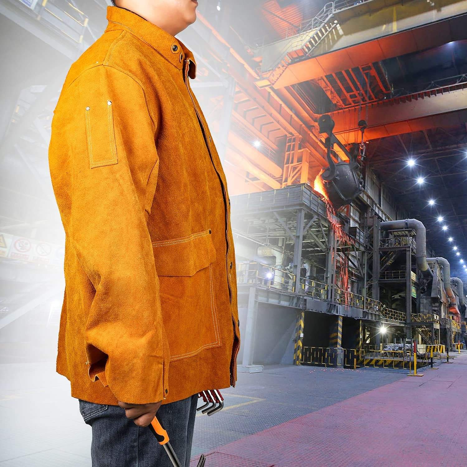 Lightweight welding jacket in leather for hot work operations with thermal guard protection industrial safety work jacket