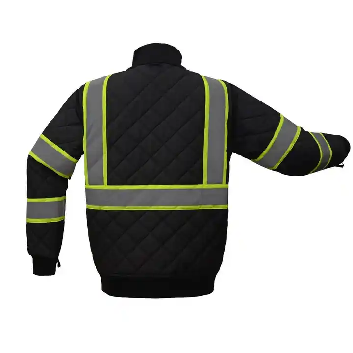 Black Quilted Reflective Safety Work Jacket Breathable Thermal Anti Wrinkle High Visibility Insulated Winter Construction Coat