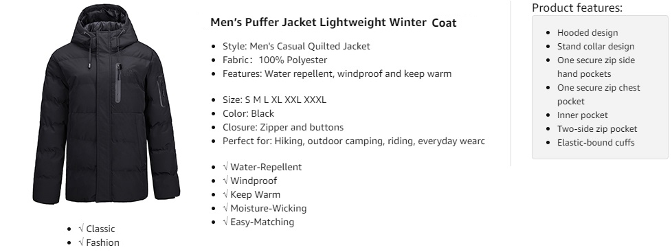 Men's Puffer Jacket with Hooded Parkas Thicken Padded Jacket Windproof Outdoor for Winter Coat
