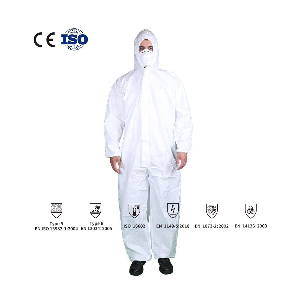 White Disposable Coveralls Type 5 6 Non Woven Protective Coverall With Hood and Boots for Industrial