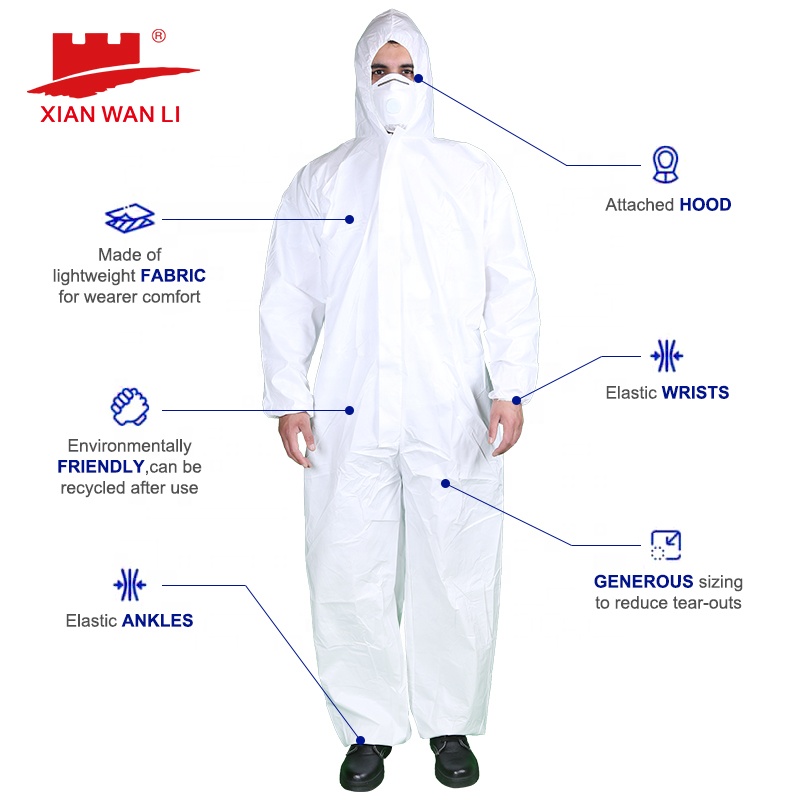 White Disposable Coveralls Type 5 6 Non Woven Protective Coverall With Hood and Boots for Industrial