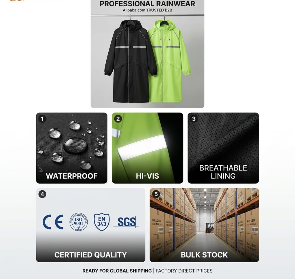 High-Visibility Waterproof Long Raincoat Reflective Safety Rainwear For Riding Construction Work Hooded Rain Jacket Wholesale