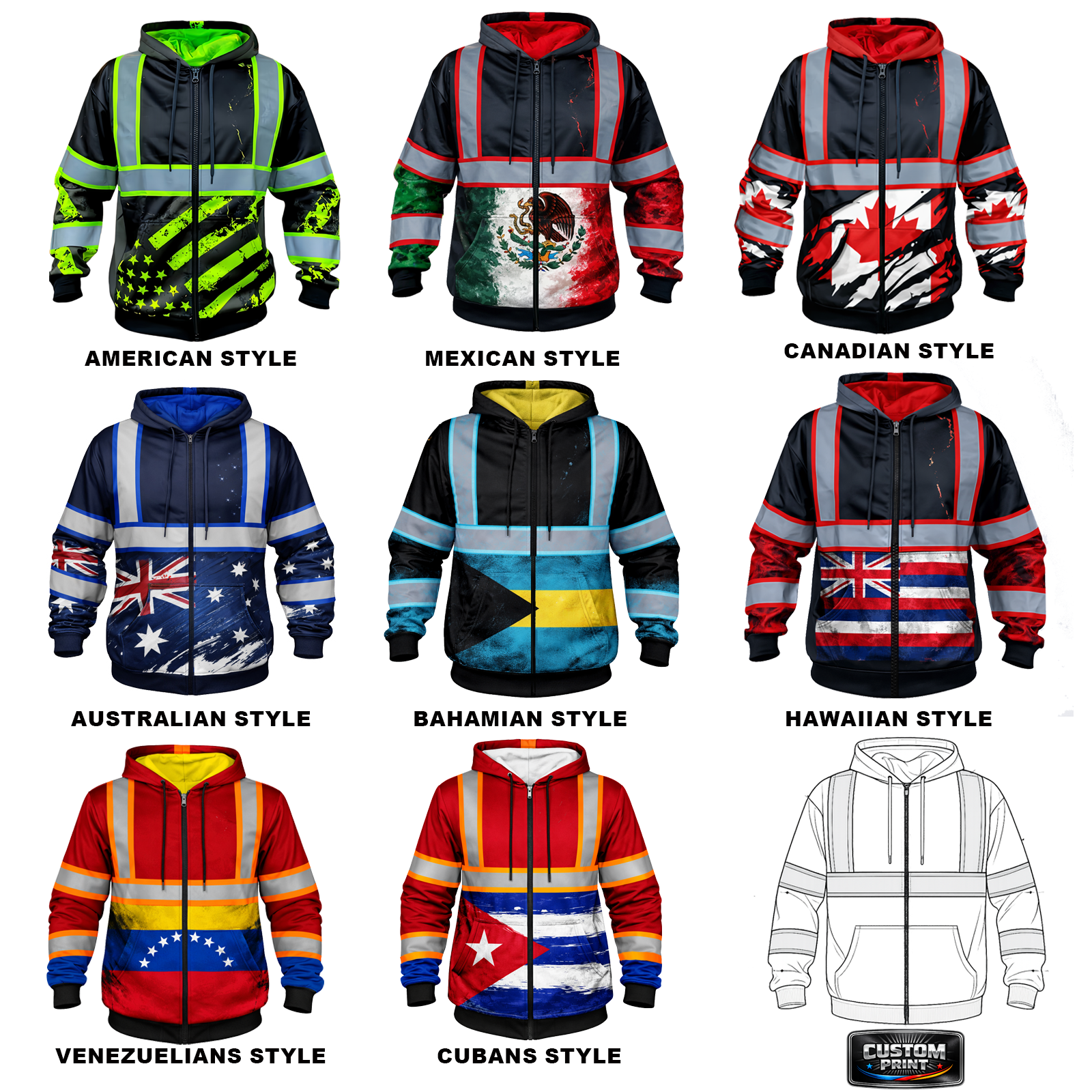 Custom Hi Vis Reflective Zip up Safety Hoodie American Flag Camo High Visibility Workwear Fleeced Jacket